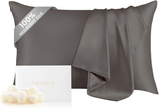 THXSILK 100% Mulberry Silk Pillow Case Silk Pillowcase for Hair and Skin, Hypoallergenic Soft Breathable Pillow Cover with Hidden Zipper, 1pc, (Dark Gray, Standard 20"x26")