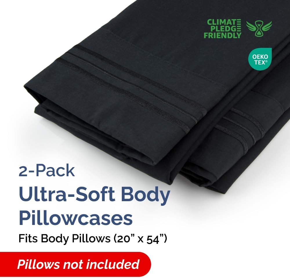 Long Pillowcases - Body Pillow Cover - Long Pillow Insert for Sleeping, Side Sleepers - Soft & Breathable Body Pillow Case with Envelope Enclosure - Comfy, Cozy & Machine Washable - 20" x 54" (Black)