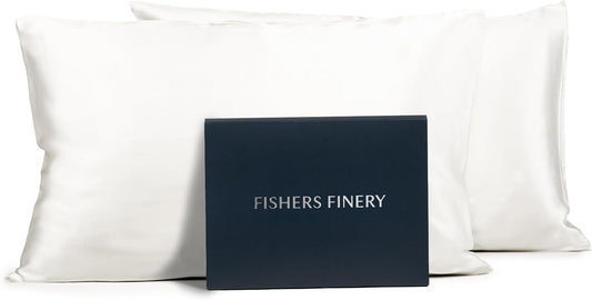 Fishers Finery 25mm 100% Pure Mulberry Silk Pillowcase Set (White Queen 2 Pack)
