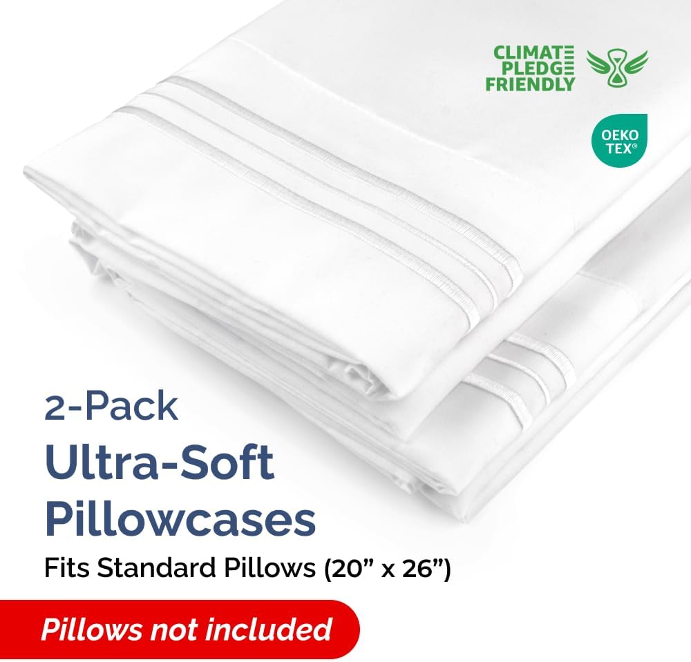 Standard Pillow Cases Set of 2 - Ultra-Soft Hotel Quality Pillowcase Covers - Comfy & Wrinkle Free - Stain and Fade Resistant - Machine Washable Pillow Protectors - 2 Piece Set - Standard Size White