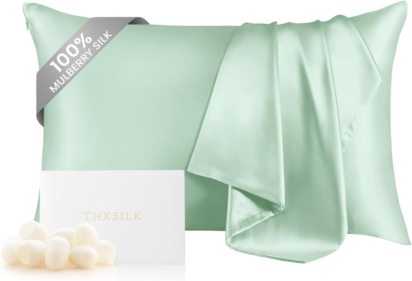 THXSILK Mulberry Silk Pillowcase for Hair and Skin, 100% Mulberry Silk Bed Pillowcase, Hypoallergenic Soft Breathable Silk Pillow Case with Hidden Zipper, King Pillow Case 20"x36", Turquoise Green