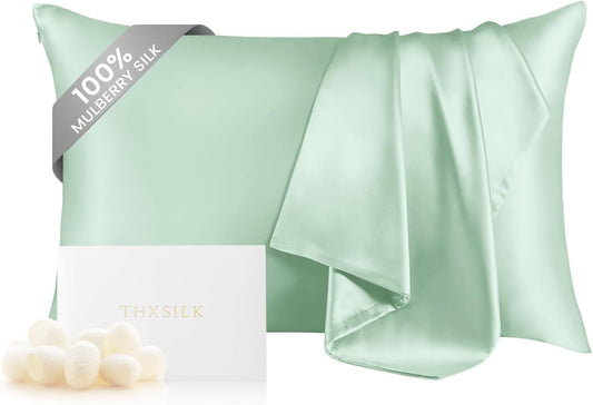 THXSILK 100% Mulberry Silk Pillowcase for Hair and Skin, Grade 6A+ Mulberry Silk Pillow Case Soft and Breathable, Hypoallergenic Pillow Case Cover with Zipper, 1pc (Queen 20"x30", Turquoise Green)