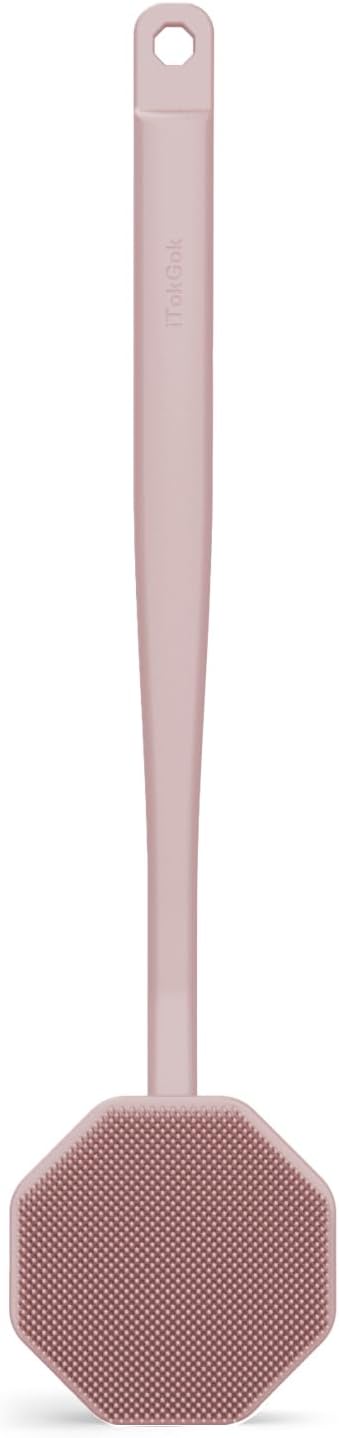 iTokGoK® Silver-Infused Silicone Back Scrubber with Long Handle Back Brush for Shower,Back Brush Long Handle for Men and Women,Ergonomic No-Slip Handle, Long-Lasting (Sand Pink)