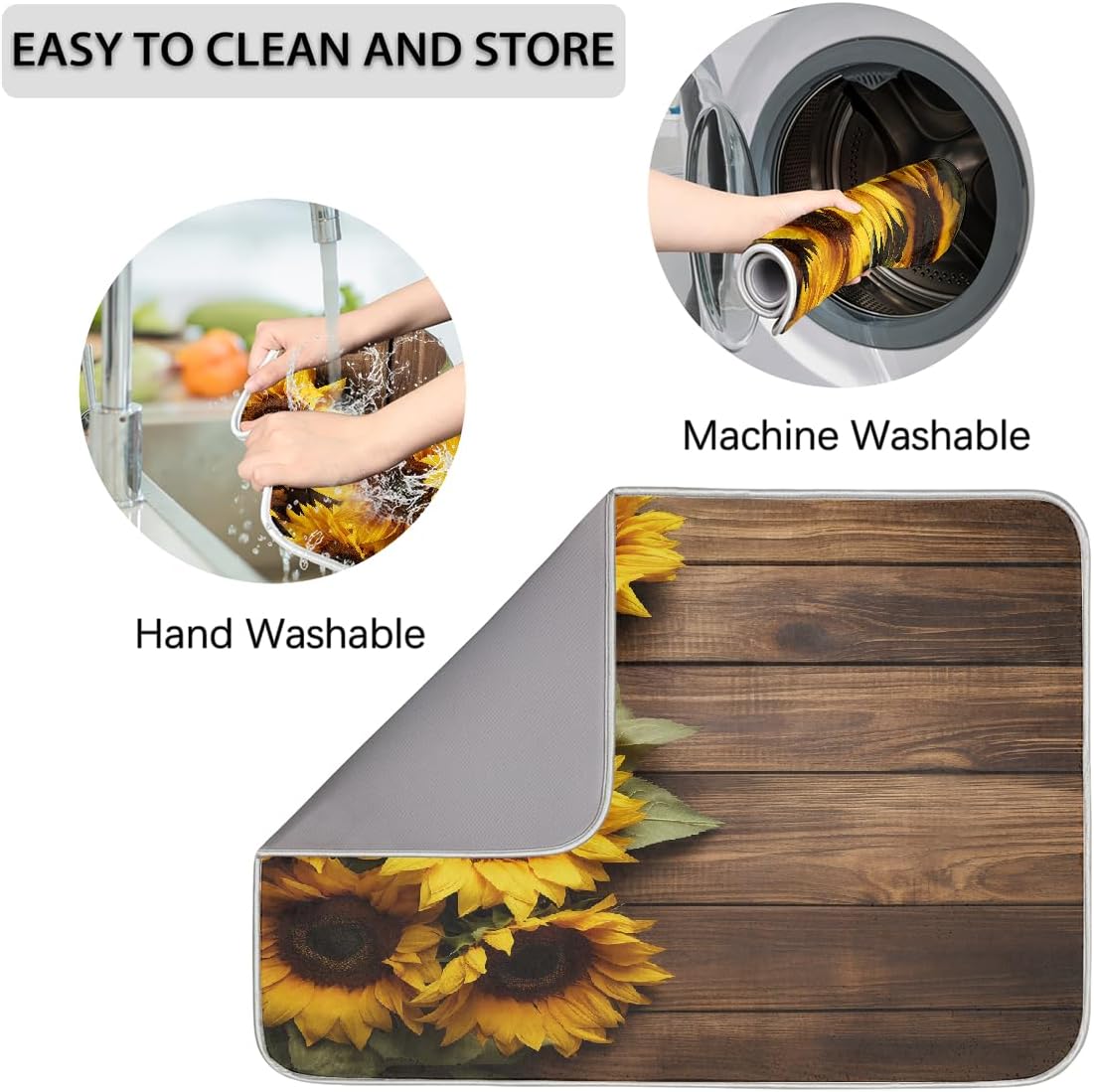 Dish Drying Mat Sunflower Wooden Board Large Drying Mat for Kitchen Counter 18x24in Absorbent Dish Drainer Rack Pad, Heat Resistant Coffee Bar Mats Countertop Protector
