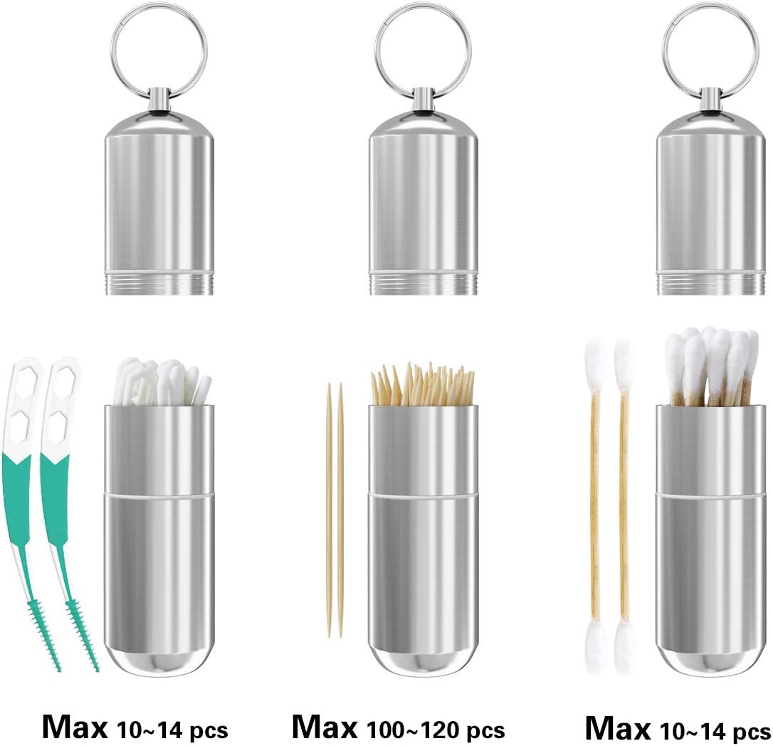 Minisland Large Portable Metal Aluminum Toothpicks Holder Dental Floss Picks Q-tip Pill Holder Keychain Outdoor Travel Small Container Waterproof Silver Color Dia.25mm -MSL143