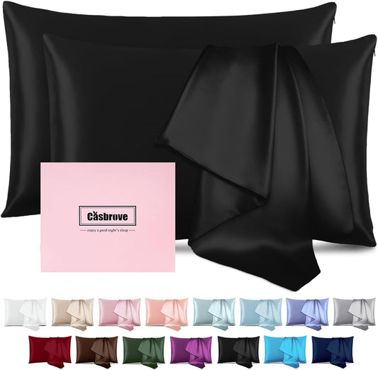 Silk Pillow Cases 2 Pack Mulberry Silk Pillow Cases Soft Breathable Both Sided Natural Silk Pillowcase with Zipper Beauty Sleep Silk Pillow Cases for Gift(Queen,Black)
