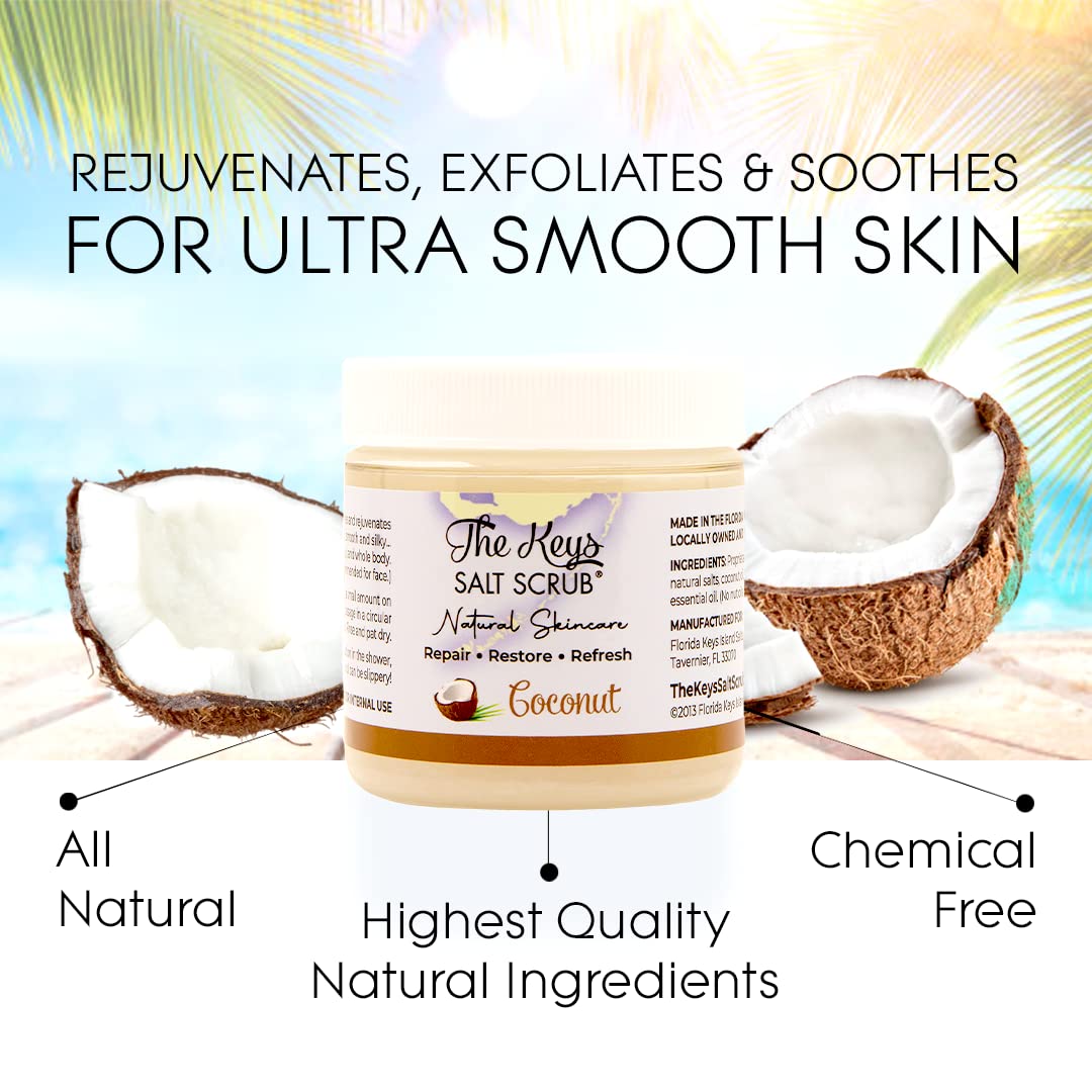 The Keys Salt Scrub -Sea Salt Scrub - Exfoliating Body Scrub with Wooden Spoon - Moisturizing Exfoliator for Hands, Foot, Bath, (3.4 Ounce (Pack of 3), Coconut)