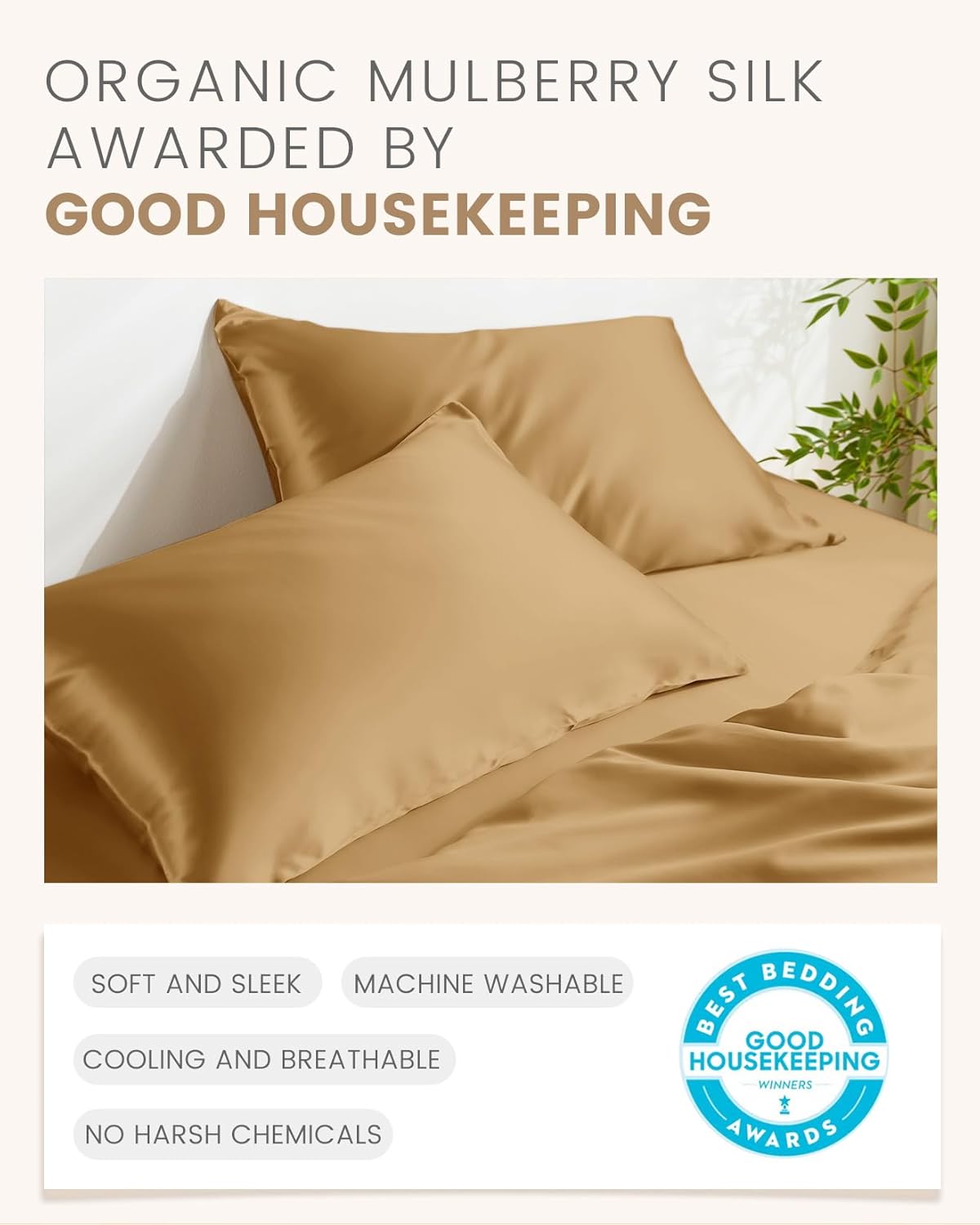 THXSILK Set of 2 100% Mulberry Silk Pillowcase for Hair and Skin Health, Soft Breathable and Smooth Pillowcases with Hidden Zipper, Both Sides Pure Silk, California King 20"x40", Metallic Gold