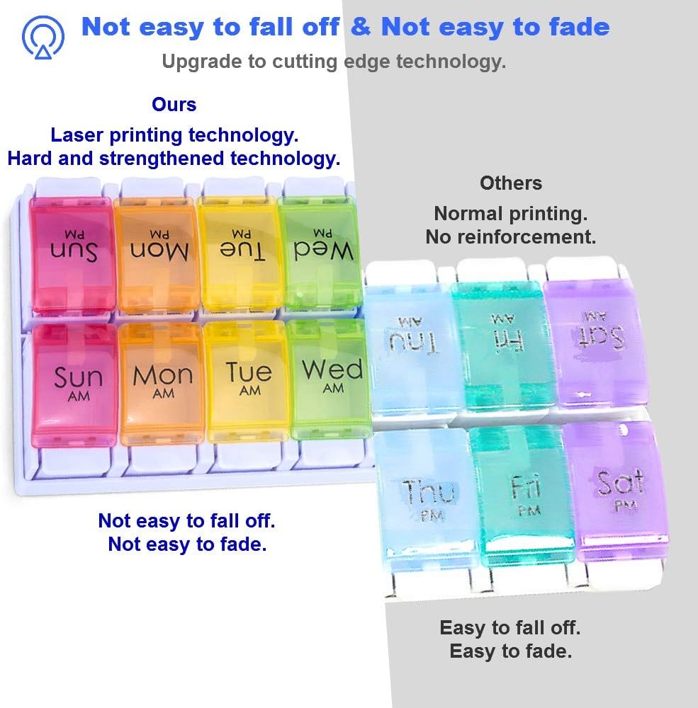 7 Day AM PM Pill Organizer, Moisture-Proof Design and Large Compartments to Hold Vitamins,Fish Oil,Supplements, Weekly Pill Box/Cases, Daily Medicine Dispenser (14 Compartments No Alarm)