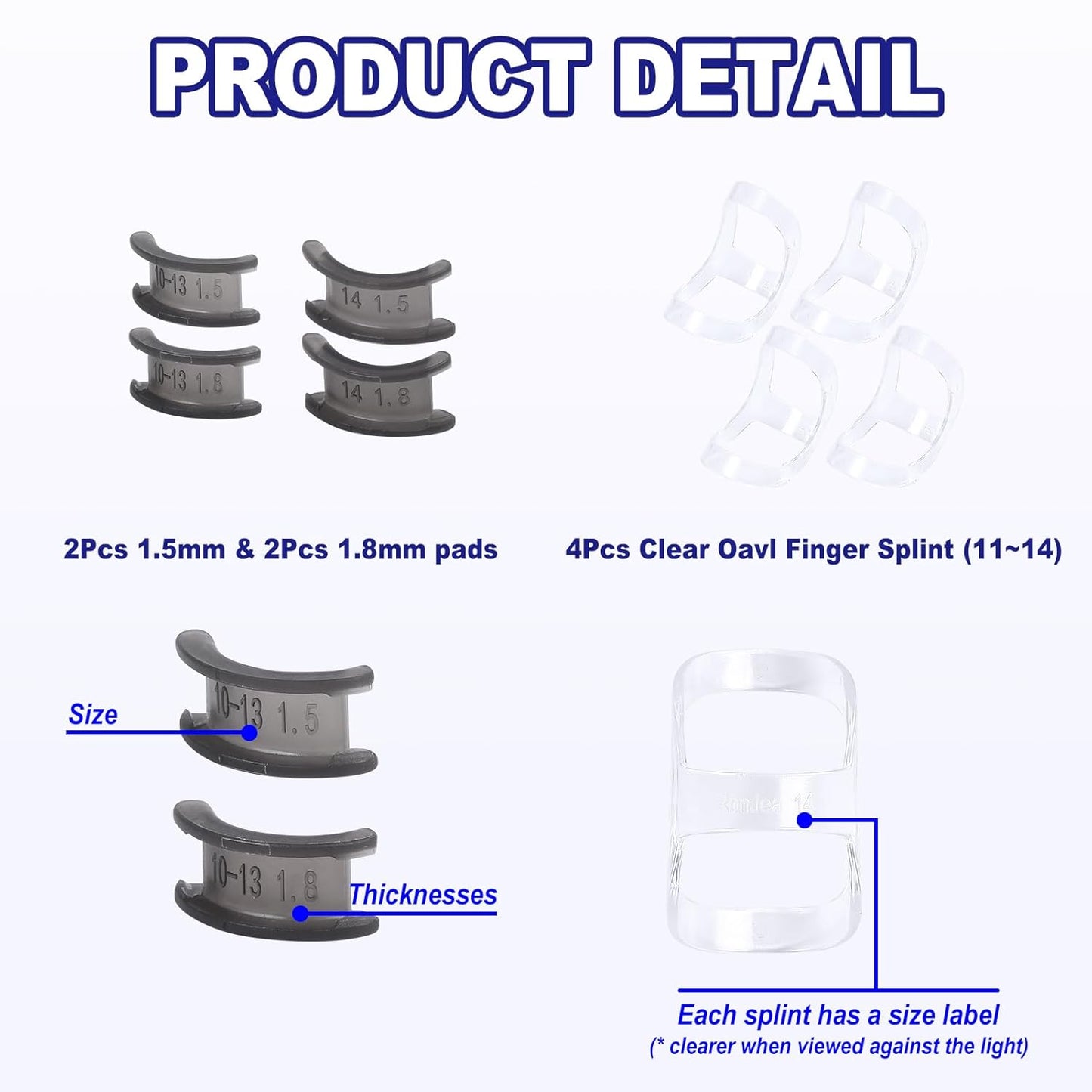 8Pcs Clear Oval Finger Splints & Click-Lock Adjustment Kit, 4 Graduated Finger Ring Splint & 4 Splint Adjustment, Finger Braces for Arthritis, Mallet, Straightening, Support (Size 11-14)