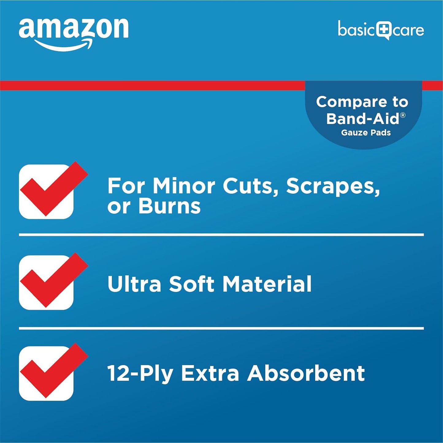 Amazon Basic Care Gauze Pads, 4x4 inches Sterile Medical Wound Dressing Sponges for Cleaning, Covering, & Cushioning Cuts & Minor Injuries, 50 Count (Pack of 1), (Previously All Health)