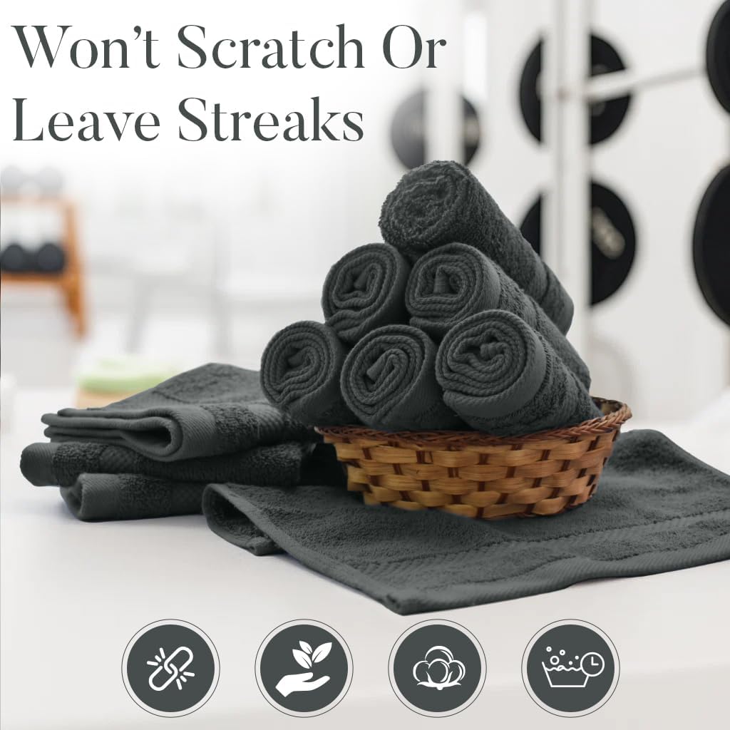 DAN RIVER 12-Pack Premium 100% Cotton Gray Face Towels – Reusable Face Towel Set, Soft & Absorbent Cotton Cloths for Bathroom & Body – Hand and Face Towels, 550 GSM (12x12 in)