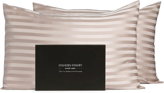 Fishers Finery 30mm 100% Pure Mulberry Silk Pillowcase Set, Quality Tested (Taupe Stripe, King, 2 Pack)