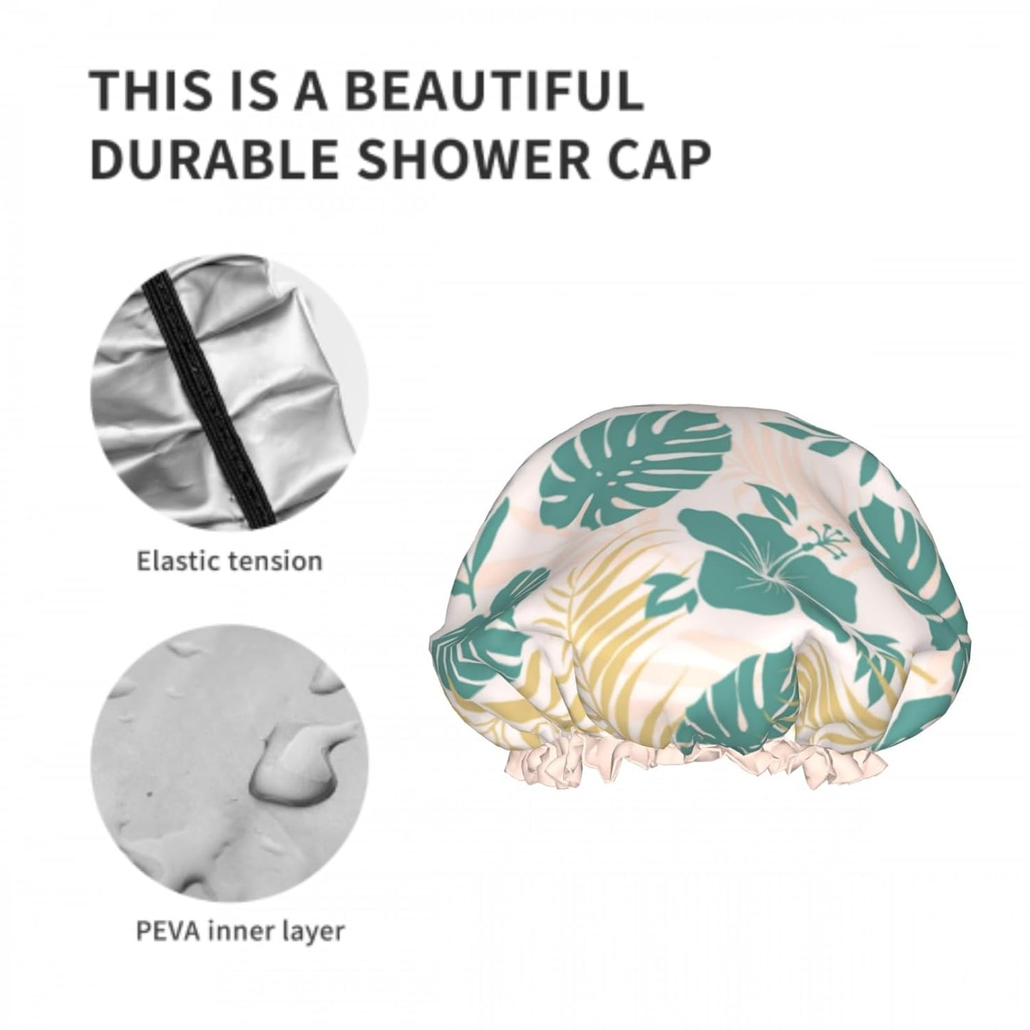 Palm Leaf Nature Double Layer Waterproof Shower Cap for Women Reusable Bath Cap for All Long Hair Lengths Soft Bath Shower Hat