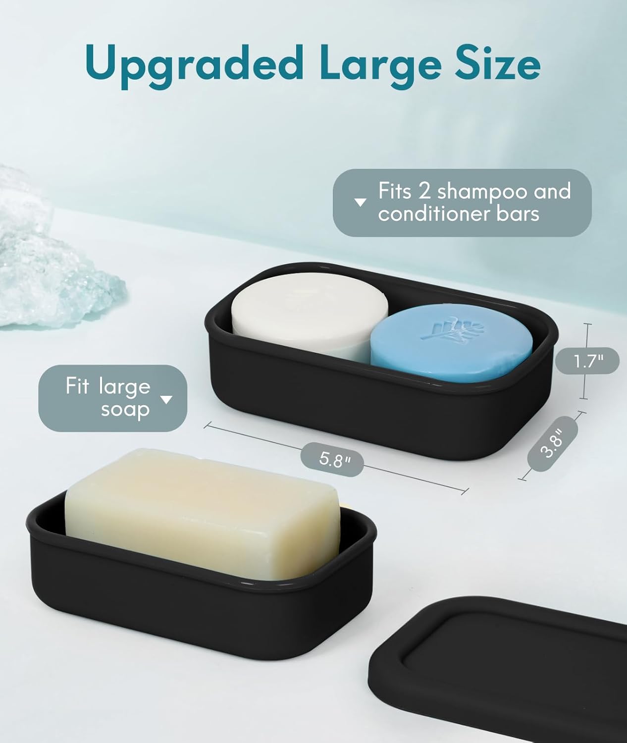 Quatish Solid Shampoo Bar Holder, Large Leakproof Travel Soap Case, Silicone Soap Box with Draining Layer, Enhanced Soap Container, Suitable for Camping, Gym, Bathroom, Outdoor Essentials, Black