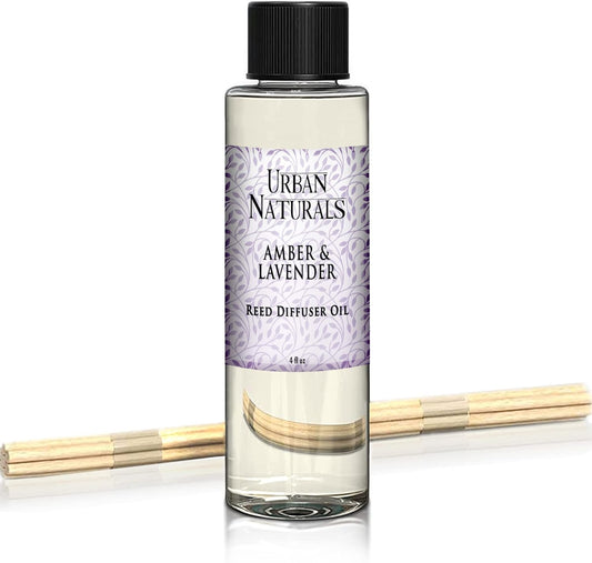 Urban Naturals Reed Diffuser Oil Refill Amber & Lavender, Soothing Lavender, Warm Amber, Calming Room Scent, 4 oz + Free Reed Sticks, Made in The USA