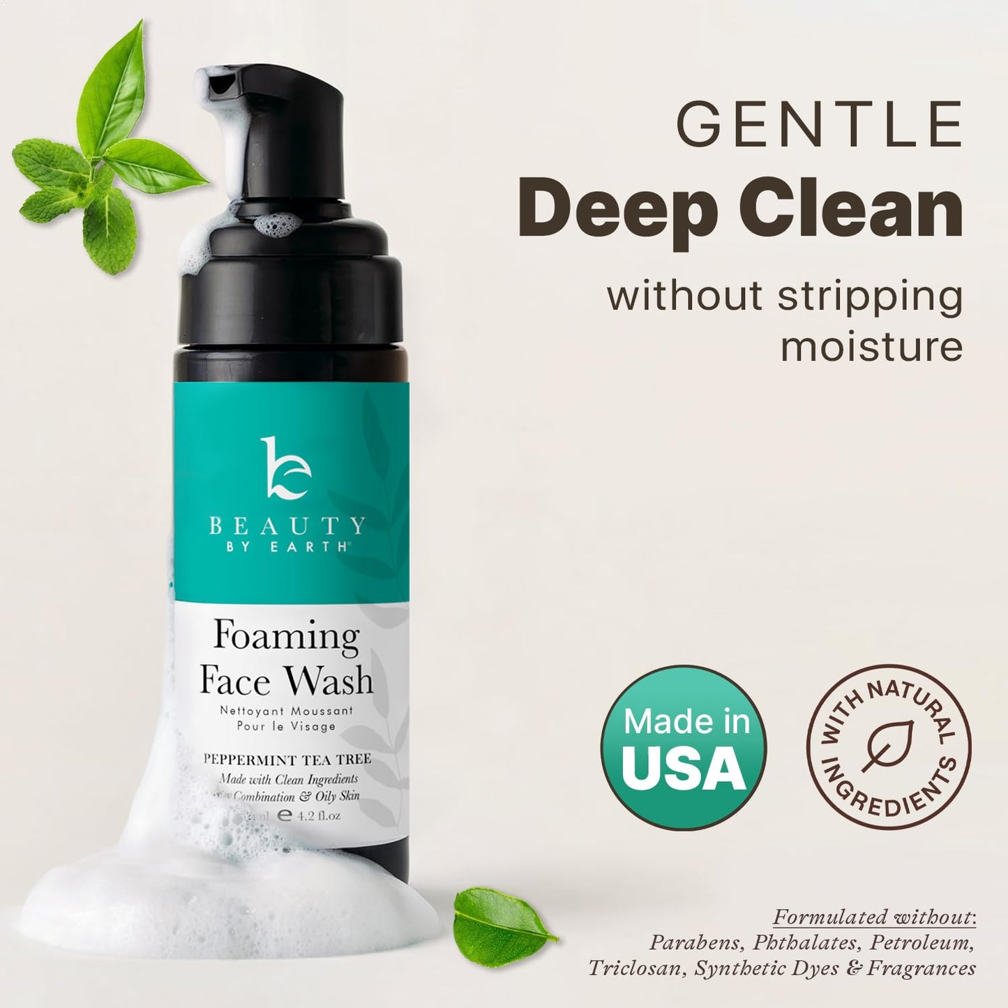 Beauty by Earth Foaming Face Wash Cleanser – Natural & Organic Ingredients, Vegan Facial Wash, Gentle Daily Cleanser for Sensitive, Oily & Acne Prone Skin, Made in USA