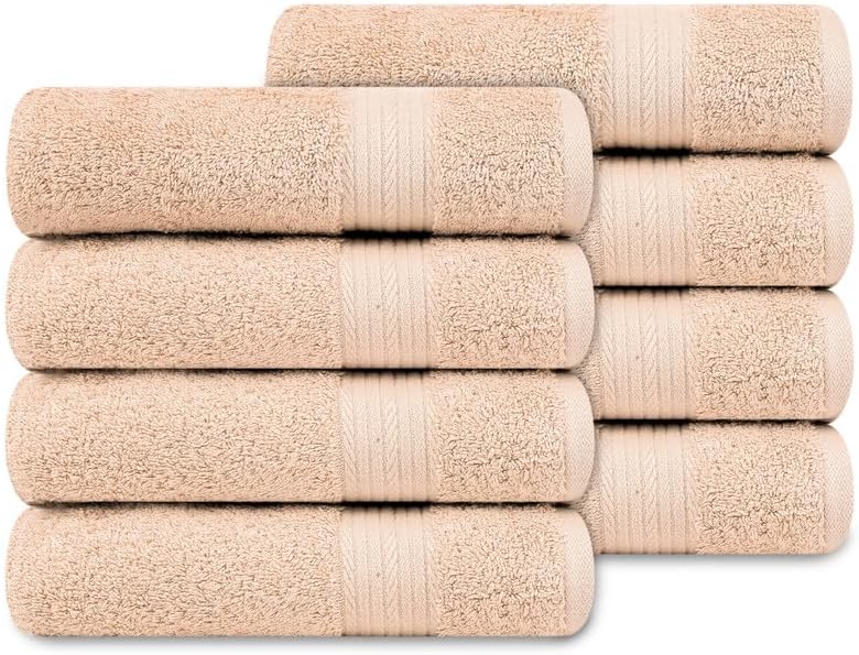 Ample Decor Hand Towel 18 X 28 Inch Pack of 8 600 GSM 100% Cotton,Oeko Tex Certified Soft Absorbent Thick Durable Premium Quality, for Hotel, Bathroom, Spa, Daily Use,Gym-Machine Washable-Beige