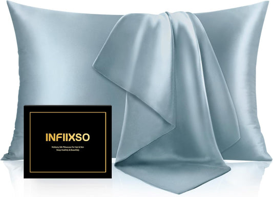 INFIIXSO Mulberry Silk Pillowcase for Hair and Skin, Silk Pillow Cases King Size with Hidden Zipper 20x40 Inches, Extraordinary Smooth and Soft Cooling Pillow Cases for Hot Sleepers(Airy blue, 1 Pack)