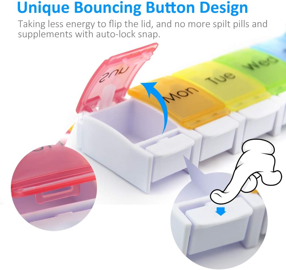 GOGOODA 2 Pack Weekly Pill Organizer Arthritis Friendly, Travel 7 Day Pill Holder Vitamin Container Organizer with Popup Open Design and Ample Space to Hold Vitamins, Fish Oil and Medication