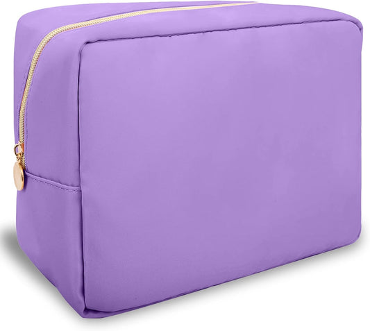 Nylon Large Makeup Bag Travel Cosmetic Bag Pouch, Preppy Big Makeup Bag Cute Cosmetic Zipper Pouch Purse, Waterproof Toiletry Bag Clutch Makeup Organizer Travel Essentials for Women Men Girls(Purple)