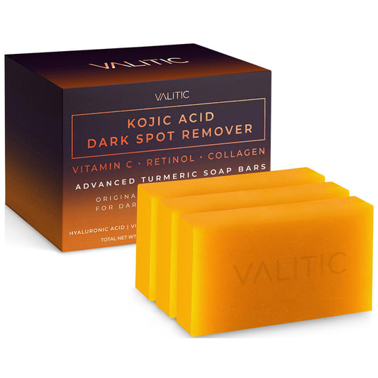 VALITIC Kojic Acid Dark Spot Remover Soap Bars with Vitamin C, Retinol, Collagen, Turmeric - Original Japanese Complex Infused with Hyaluronic Acid, Vitamin E, Shea Butter, Castile Olive Oil (3 Pack)