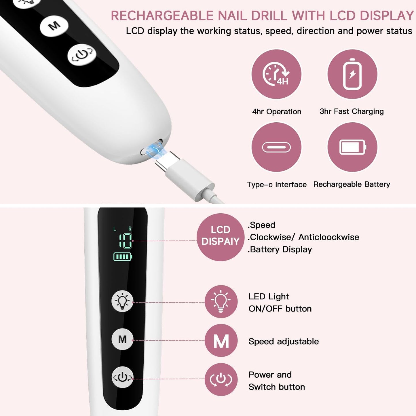 2 Pack 9-in-1 Digital Display Nail Grinder with 100 Sanding Bands - Adjustable Speed Electric Manicure Tool for Acrylic Nails, Callus Removal & Gel Polish - Professional Home Pedicure Kit