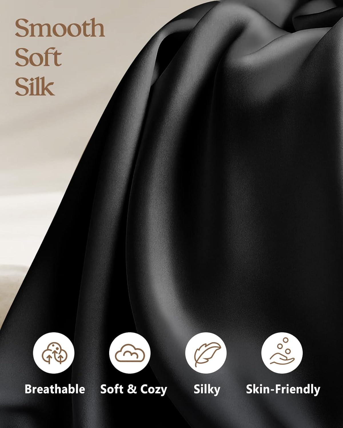 Silk Pillowcase 2 Pack - Pillow Cases Standard Set of 2 Size 20" x 26" for Hair and Skin Smooth Soft Breathable with Hidden Zipper Cooling Pillow Covers for Sleeping Women, Black