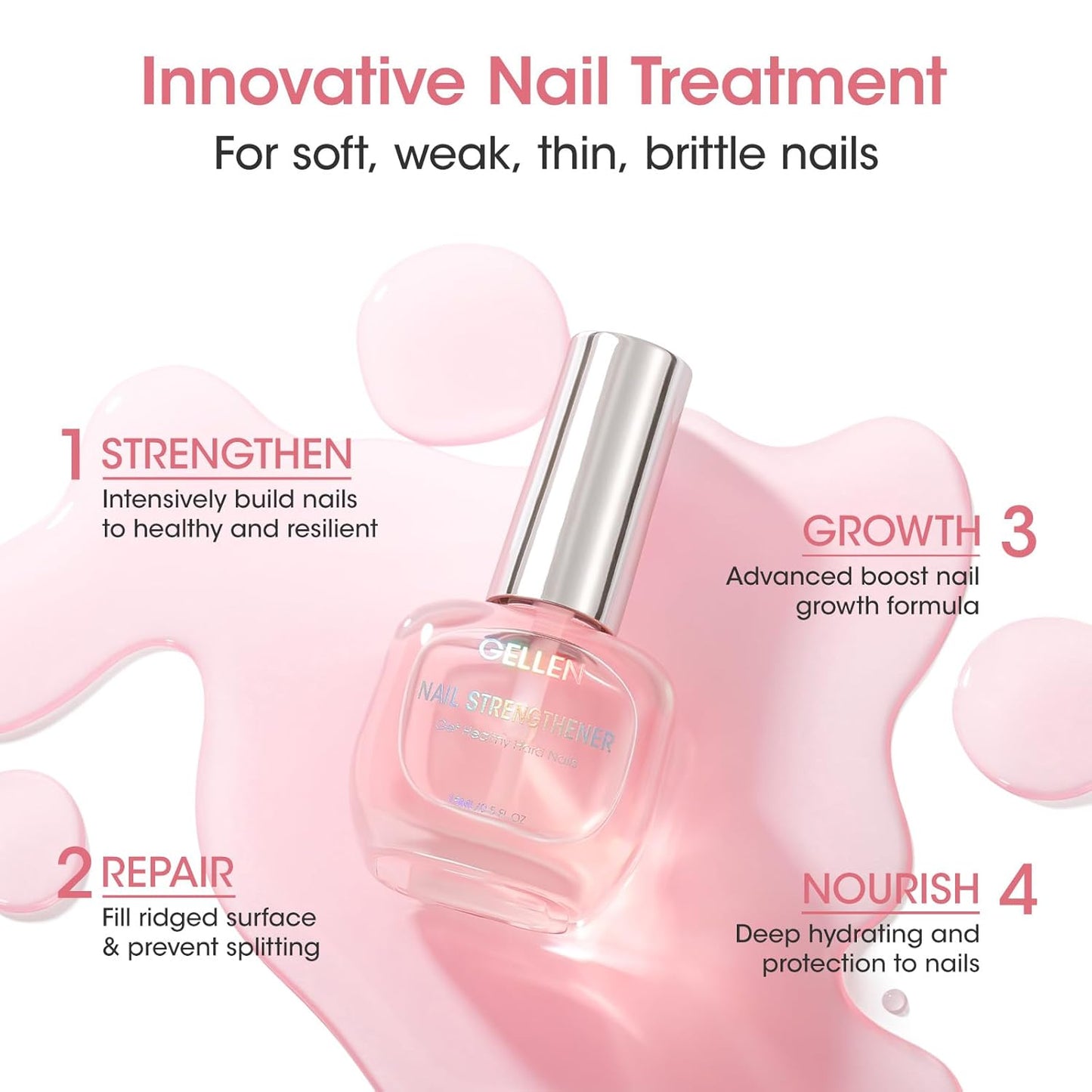 GELLEN Nail Strengthener, 8-In-1 Nail Repair Serum Growth for Thin Brittle Damaged Nails, Non Polish, Air Dry Clear Nail Growth Care Treatment, Keratin Calcium Formula, Cherry Blossom Scent
