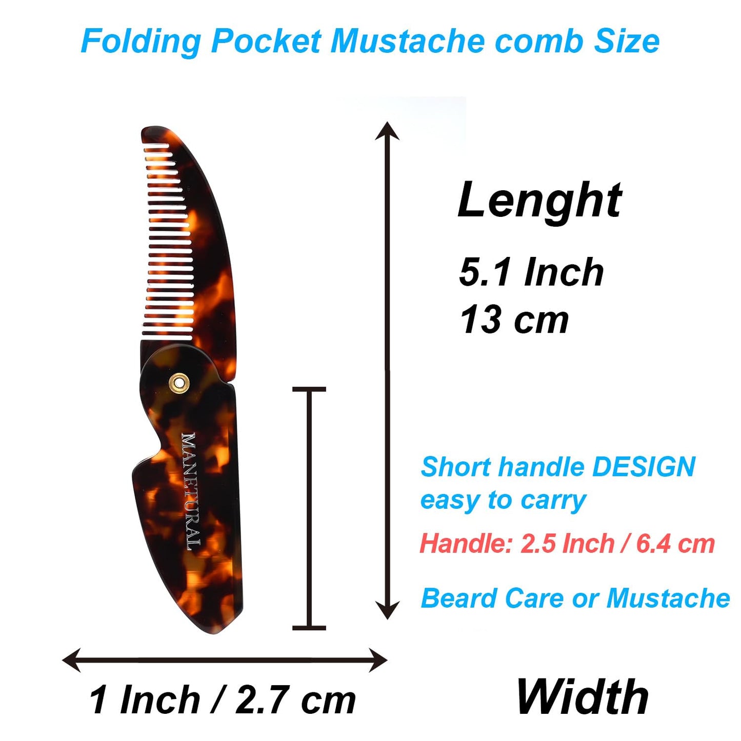 60L Handmade Saw-Cut Folding Mustache Comb - Premium Quality Pocket Comb for Perfect Moustache Styling (Small) (Tortoiseshell, 1 PACK)