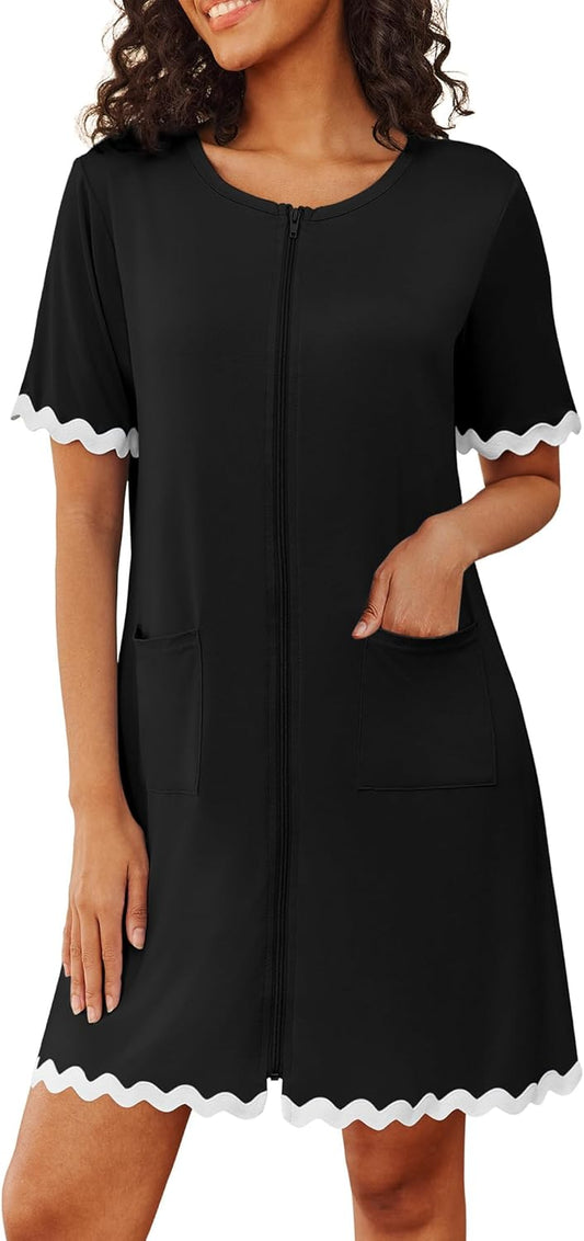 Ekouaer Women Zip Up Robe Lightweight Housecoats with Pockets Knee Length Short Bathrobes Soft Nightgown S-3XL