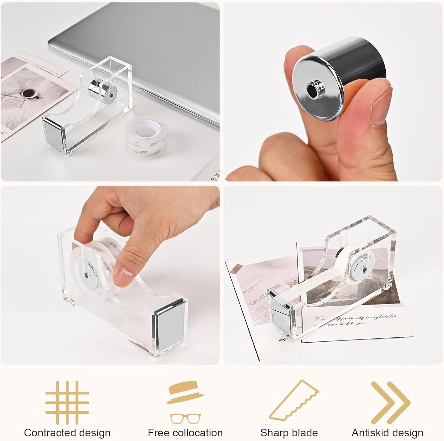 Acrylic Tape Dispenser, Transparent Office Tape Dispenser Desk, Non-Slip Rubber Holder Buttom, Morden Accessory for Stylish Desk at Home, School, Office-Silver