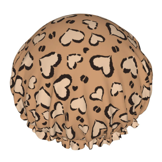 Leopard Print Shower Caps Brown Heart Dual-Layer Waterproof Bath Hat Reusable Hair Caps Elastic Hair Hat for Shower Cooking Clean Makeup Travel
