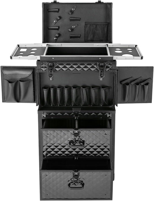 Lockable Makeup Train Case,33.07lbs Rolling Hairdressing Trolley,Beauty Salon Cosmetic Luggage with Universal Wheels for Hair Stylist,Make-up Artists (Black 3)