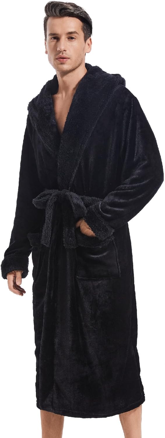 Inner Wish Mens Hooded Robe, Plush Long Bath robes Cozy Warm Bathrobe Fuzzy male Spa Robe With Pockets