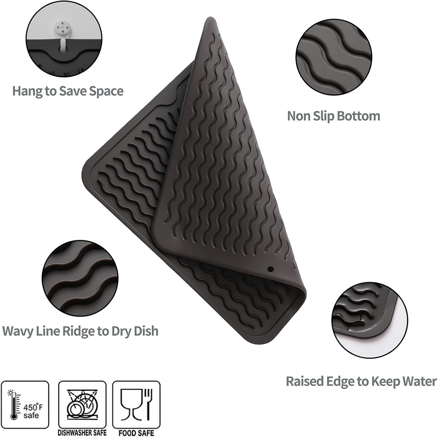 Silicone Dish Drying Mat for Multiple Usage,Easy clean,Eco-friendly,Heat-resistant Silicone Mat for Kitchen Counter or Sink,Refrigerator or Drawer liner Coffee M 12 inches x 12 inches