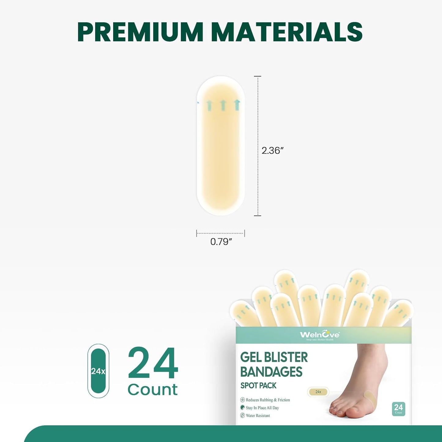 Welnove Gel Blister Bandage - 24 PCS Hydrocolloid Bandages for Prevention & Recovery, Blister Cushions for Heel, Toes & Foot, Blister Bandages for High Heels, Sandals, Wedding, Party (Spot Pack)