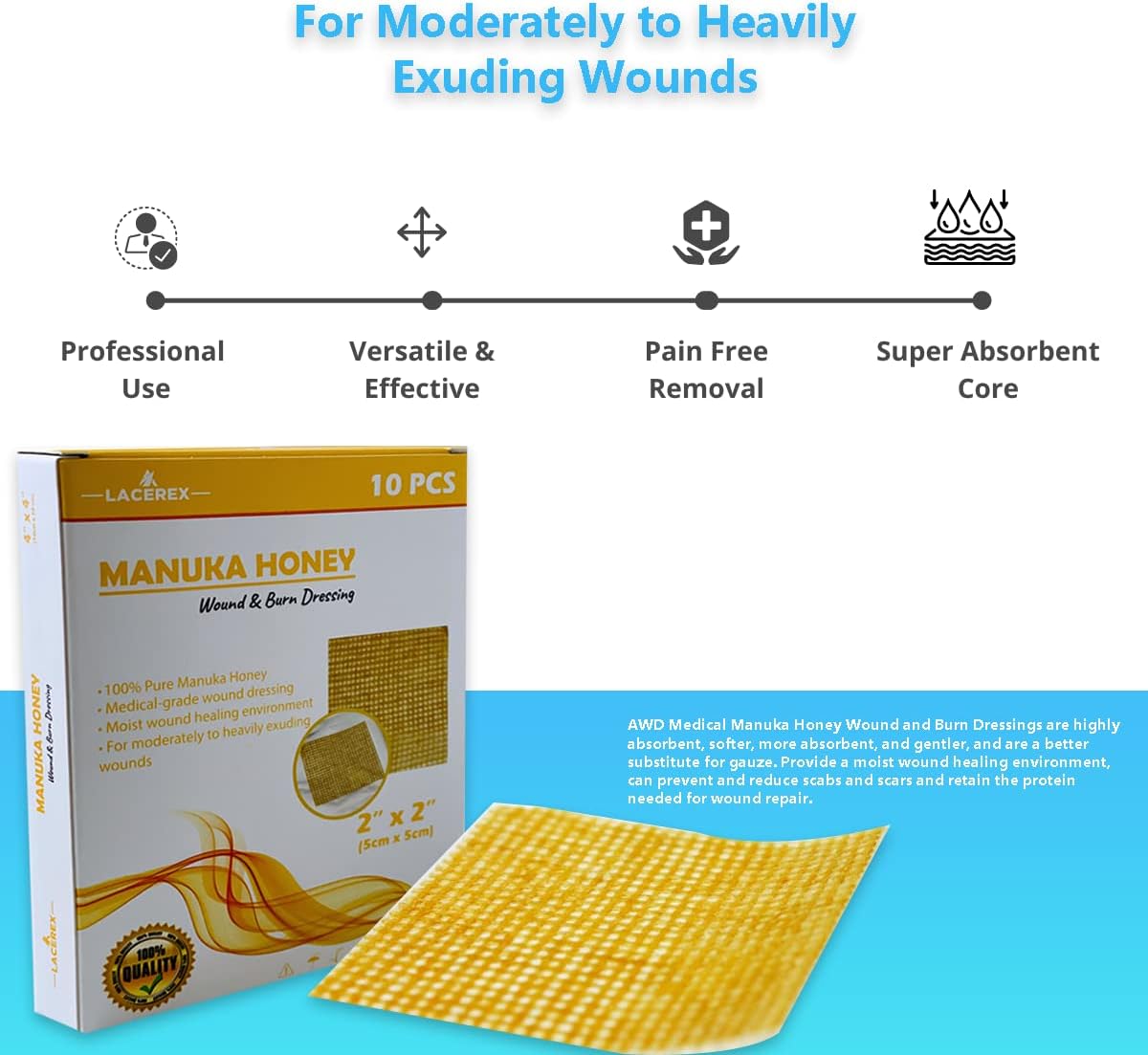 AWD Manuka Honey Gauze Dressing - 100% Impregnated Medical Grade Honey Patches - Medical Supplies, Wound Care, and First Aid - Gauze Pads 10 Count (2"x2")