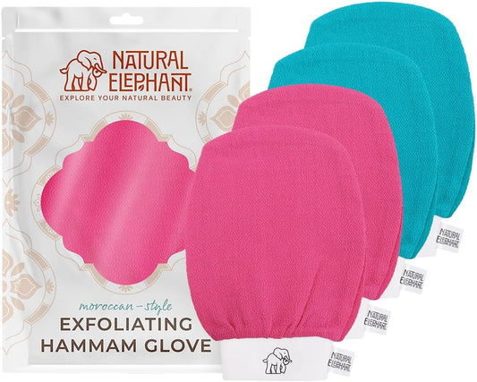 Natural Elephant Exfoliating Kessa Glove - Face and Body Exfoliator Hammam Mitt (2 Teal and 2 Pink (Pack of 4))