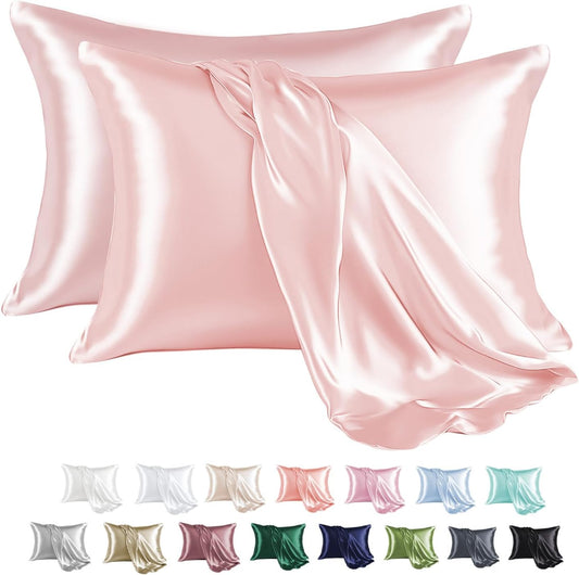 MR&HM Satin Pillowcase for Hair and Skin, Silk Satin Pillowcase 2 Pack, Queen Size Pillow Cases Set of 2, Silky Pillow Cover with Envelope Closure (20x30, Light Pink)