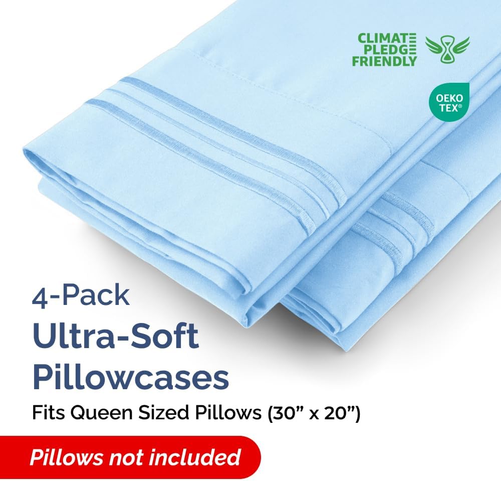 Queen Pillow Cases Set of 4 - Ultra Soft Hotel Quality Pillowcase Covers - Comfy, Cozy & Wrinkle Free - Shrink, Stain & Fade Resistant - Machine Washable Pillow Protectors - 4 Piece Set - Light Blue