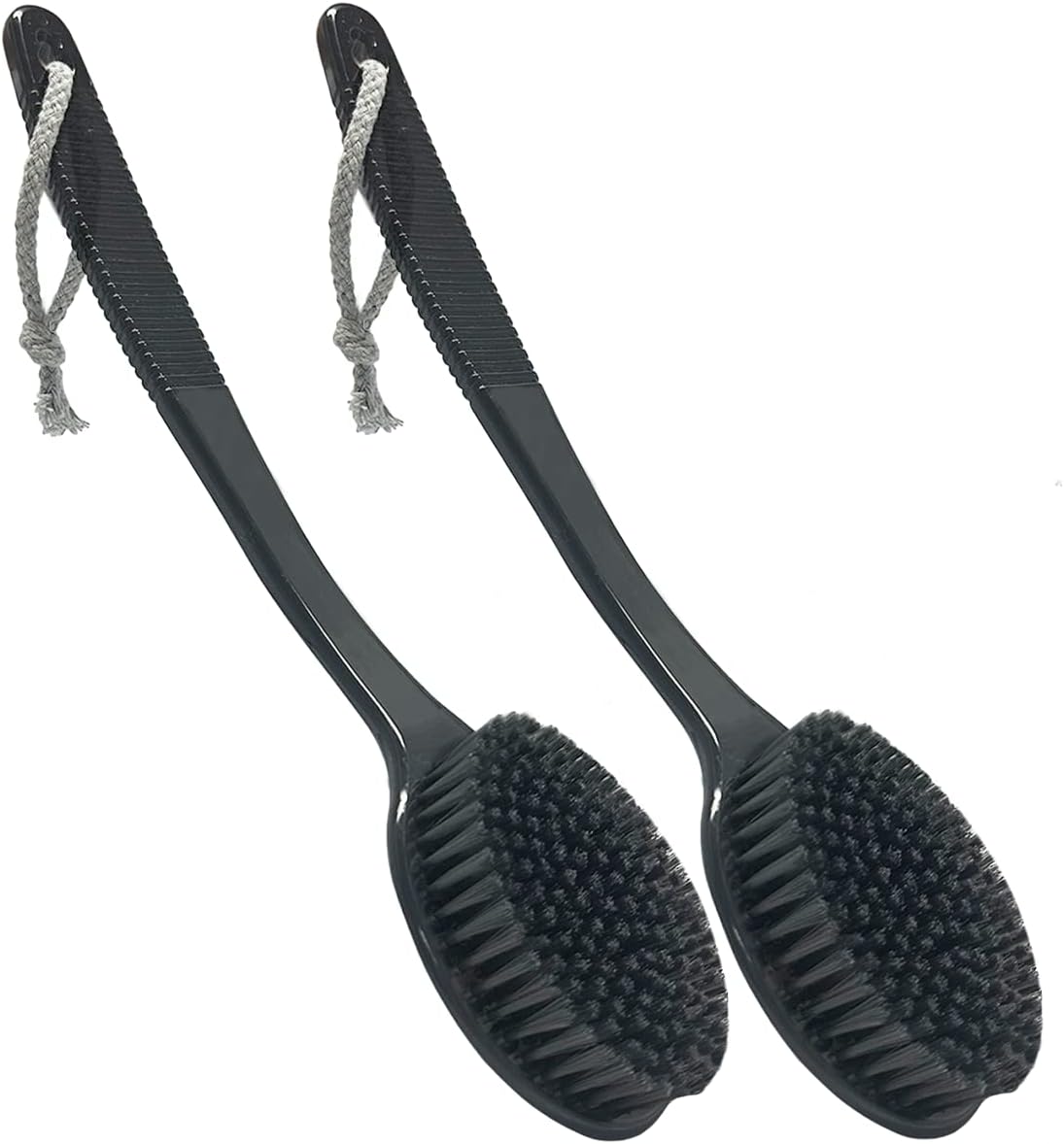Back Bath Brush - Curved Long Handle Shower Brush with Medium Stiff Charcoal Bristles for Cleaning and Exfoliating Body, Back Scrubber for Men & Women (Black 2 Pack)