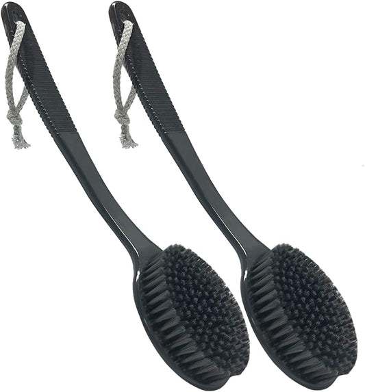 Back Bath Brush - Curved Long Handle Shower Brush with Medium Stiff Charcoal Bristles for Cleaning and Exfoliating Body, Back Scrubber for Men & Women (Black 2 Pack)