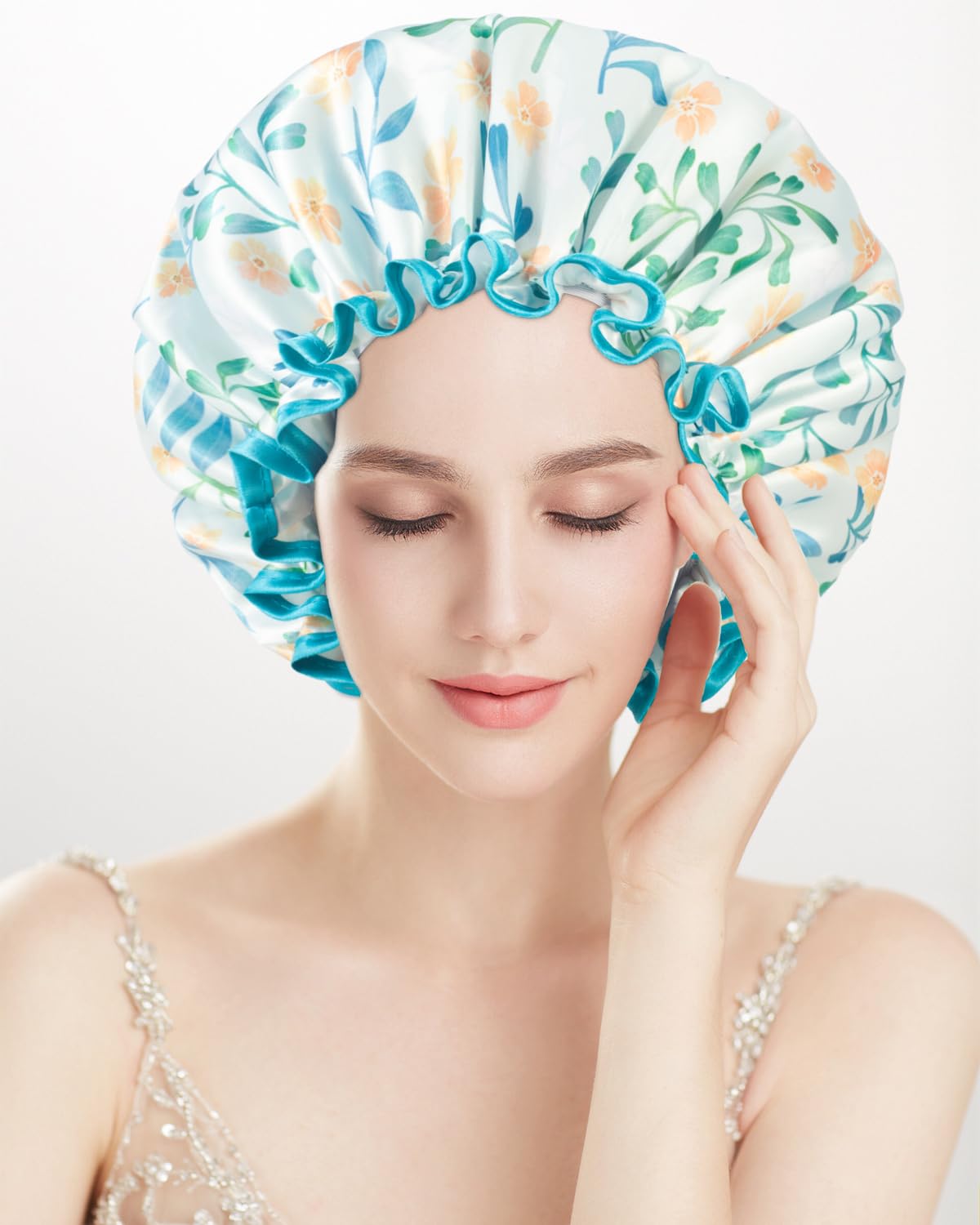 Aquior Shower Cap for Women, Reusable Shower Caps Double Layer Waterproof Womens Girls Adult Hair Cap for all Hair Lengths with EVA Lining, Soft Shower Caps for Long Thick Hair