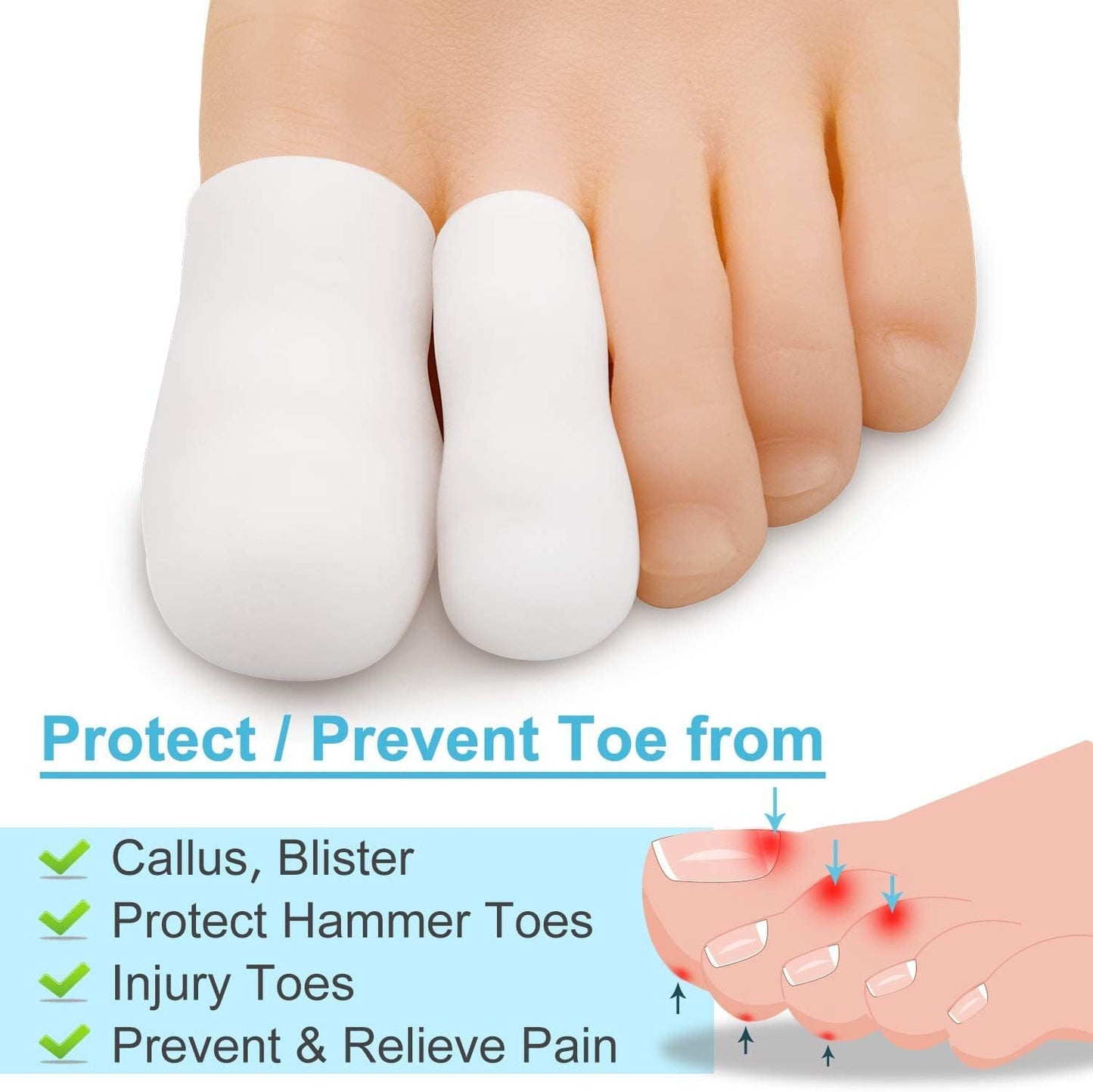 Bukihome 12 PCS Toe Protectors, Silicone Toe Caps to Cushion Toe Blister, Corn, Callus, Hammer Toes,Great for Running, Walking, Stop Toe Pain (White,Multi-Size)