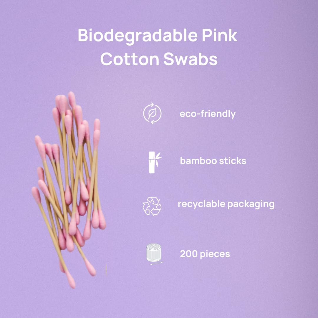 Mei Apothecary Premium Biodegradable Bamboo Cotton Swabs, Double-Tip Makeup Remover & Multi-Use Pink Cotton Buds, Pack of Multiple Pieces