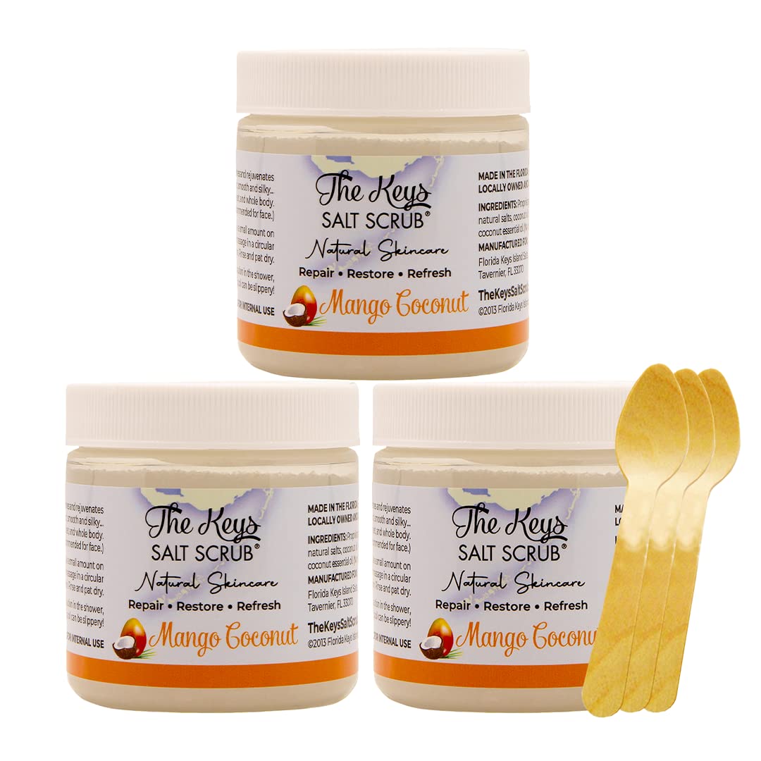 The Keys Salt Scrub -Sea Salt Scrub - Exfoliating Body Scrub with Wooden Spoon - Moisturizing Exfoliator for Hands, Foot, Bath, (3.4 Ounce (Pack of 3), Mango Coconut)