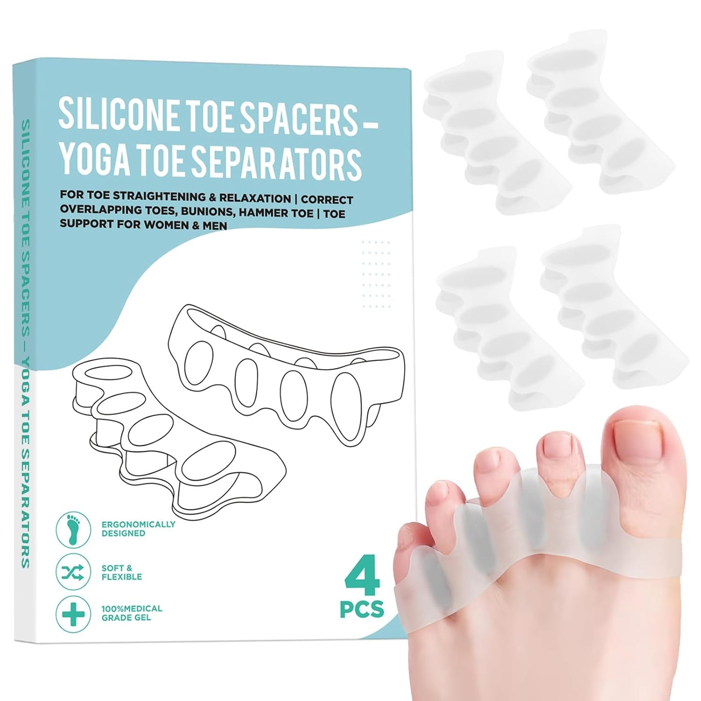 4 Pcs Silicone Toe Spacers – Yoga Toe Separators for Toe Straightening & Relaxation | Correct Overlapping Toes, Bunions, Hammer Toe | Toe Support toe separators for Women & Men (Clear, 3.98)