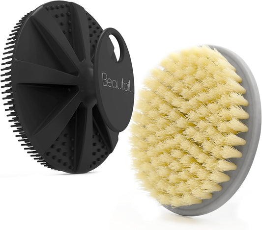 Body Scrubber 2 Pack, BEAUTAIL Shower Bath Brush, 1 Pack PP Body Brush Gray and 1 Pack Silicone Body Scrubber Black, Gentle Exfoliating for Women Men Baby Sensitive Skin