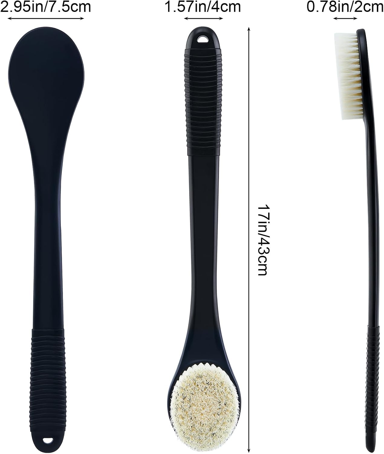 Back Scrubber for Shower, Shower Body Brush for Cleaning with Long Handle for Showering, 17 Inch Back Washer Exfoliator for Shower Men Women with Non-Slip Handle, Adhesive Hook (Black)